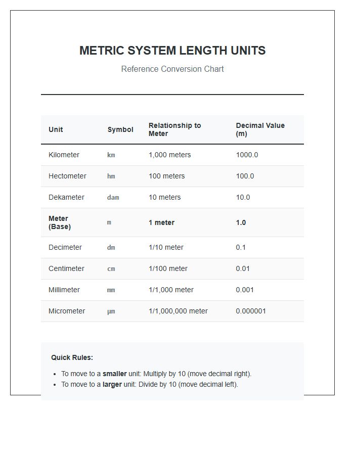 Metric System Length Units Numbers Printable Chart