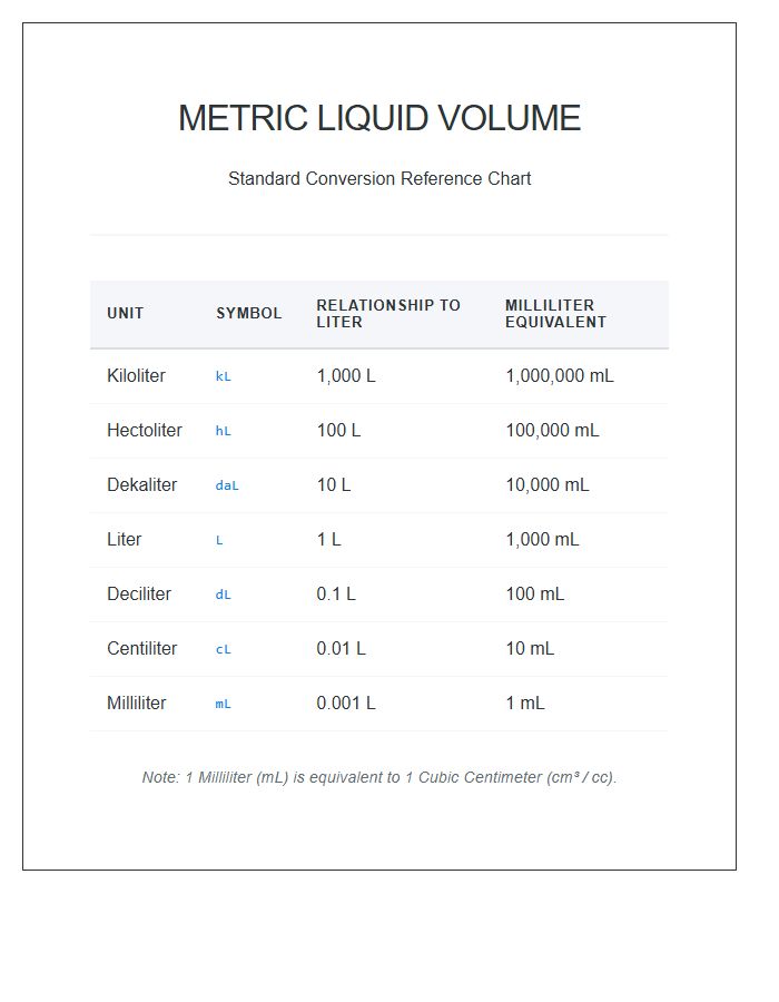 Metric System Liquid Units Numbers Printable Chart